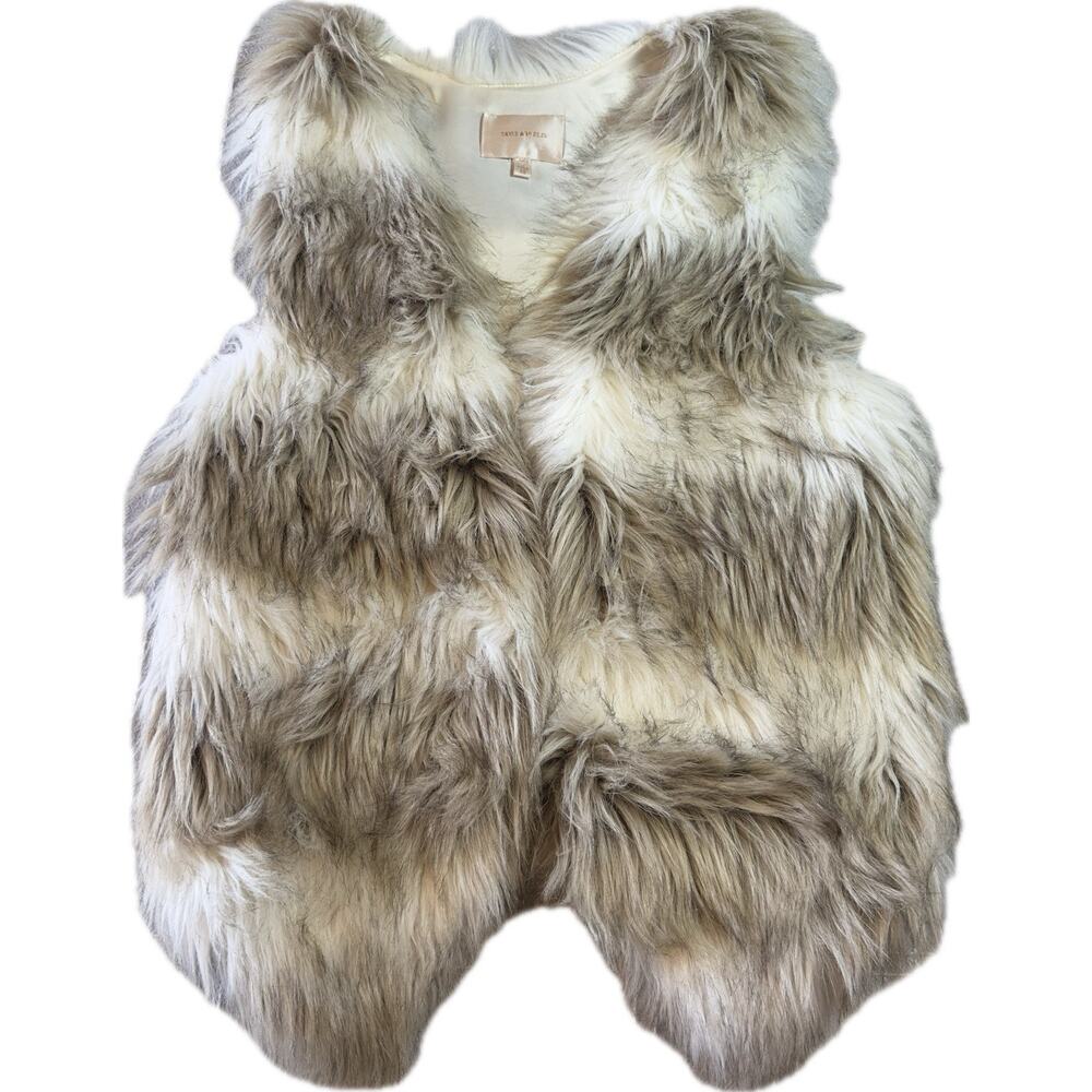 Skies Are Blue Faux Fur Open Vest XS Beige Cream Brown Shaggy Lined Cozy Boho
